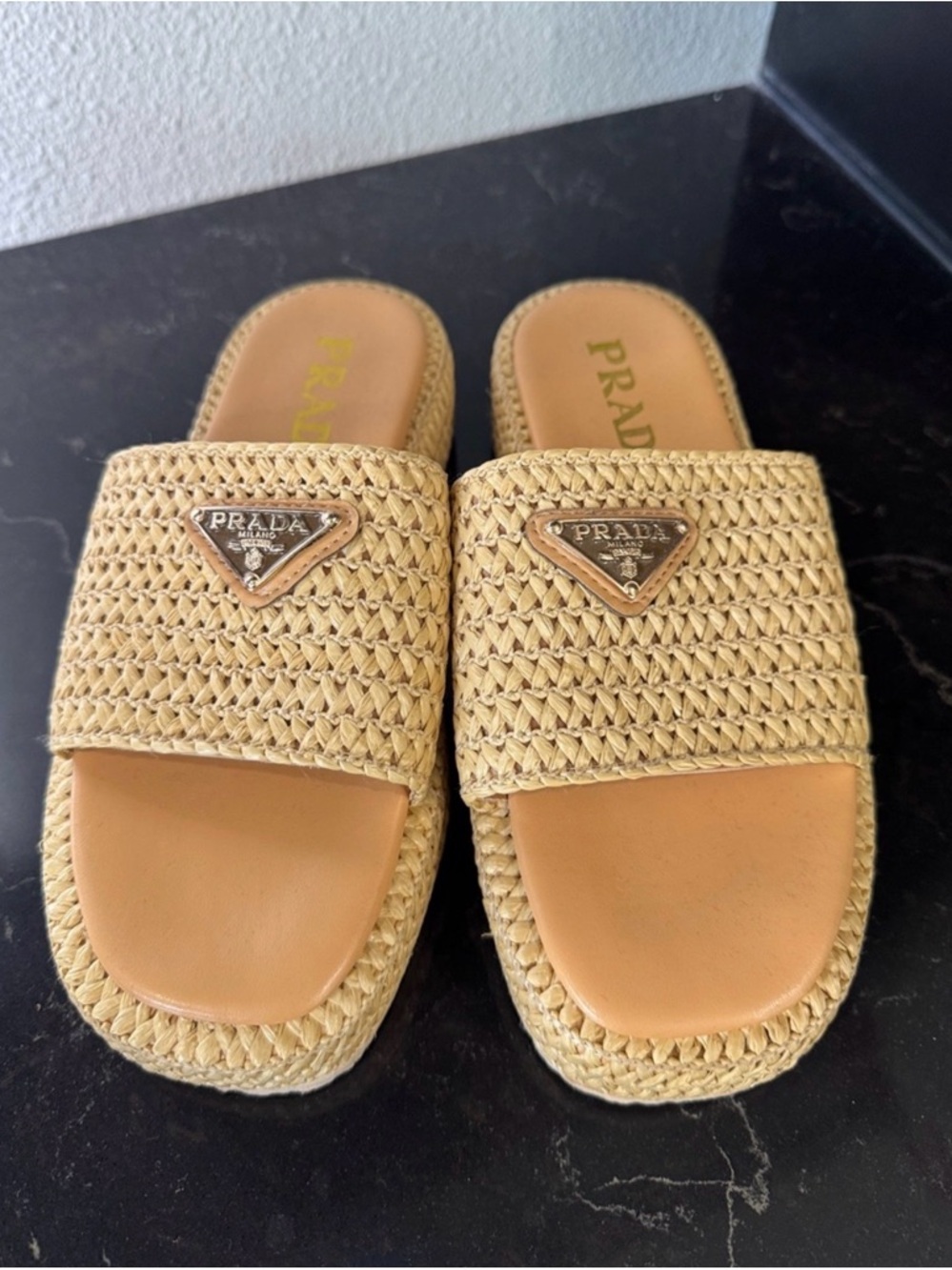Prada Beige Woven Raffia Slide Sandals with Logo Plaque